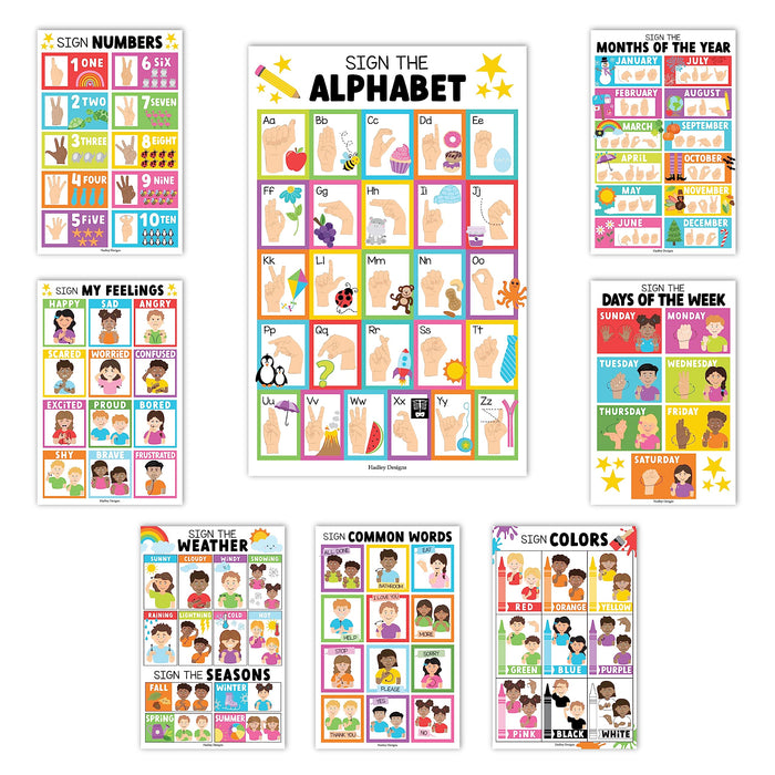 ASL Sign Language Kit: Colorful 8 Poster Set
