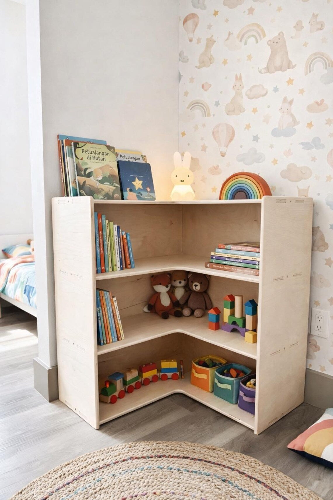 JARED- Corner Toy Shelf– Bush Acres