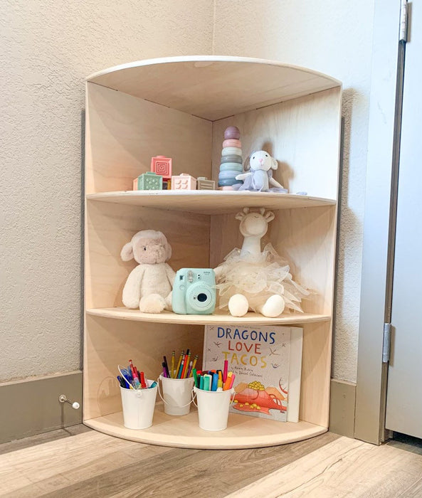 SCARLET - Montessori Toy Shelf - Toddler Corner Toy Shelf - Montessori Wooden Furniture - Nursery Gift - Safety Straps - Made in USA