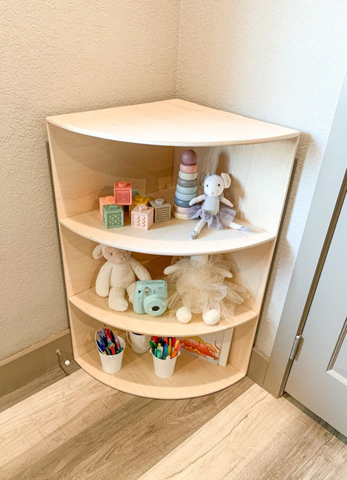 SCARLET - Montessori Toy Shelf - Toddler Corner Toy Shelf - Montessori Wooden Furniture - Nursery Gift - Safety Straps - Made in USA