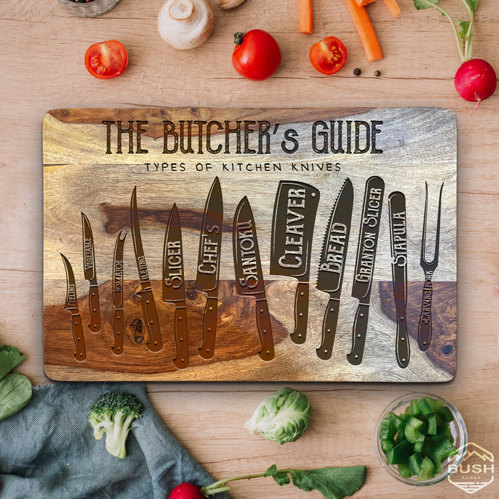 Premium Cutting Board - 10x15x1" Thick Butcher Block - Striped Cutting Board - Valentines Day Gift for Him Unique - Engraved Butchers Guide