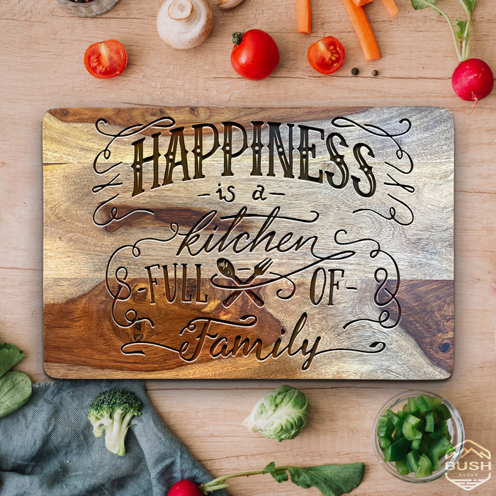 Premium Cutting Board - 10x15x1" Thick Butcher Block - Striped Cutting Board - Valentines Day Gift for Him Unique - Engraved Happiness Is A Kitchen Full of Family