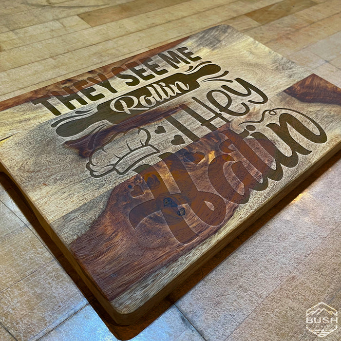 Premium Cutting Board - 10x15x1" Thick Butcher Block - Striped Cutting Board – Valentines Day Gift for Him Unique - Engraved They See Me Rollin 2