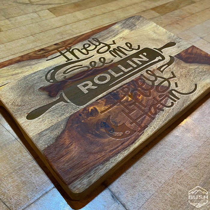 Premium Cutting Board - 10x15x1" Thick Butcher Block - Striped Cutting Board - Valentines Day Gift for Him Unique - Engraved They See Me Rollin