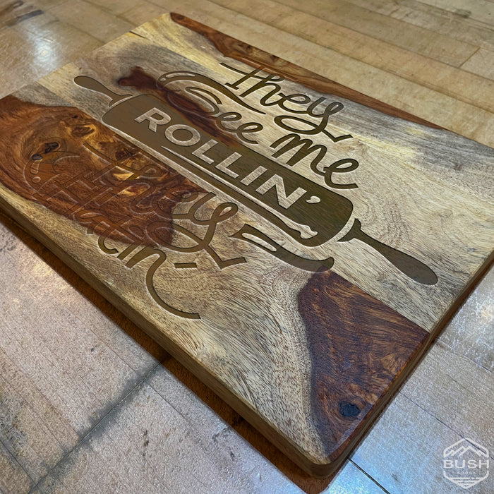 Premium Cutting Board - 10x15x1" Thick Butcher Block - Striped Cutting Board - Valentines Day Gift for Him Unique - Engraved They See Me Rollin