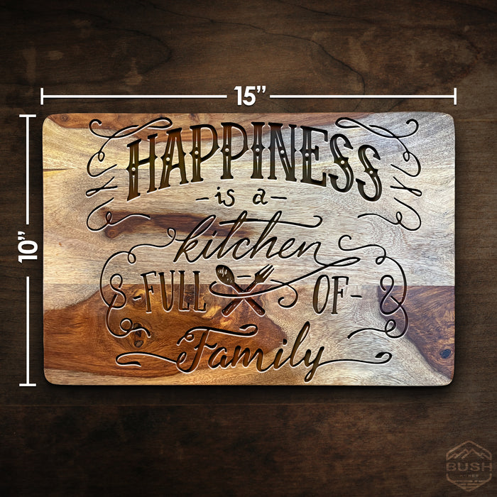 Premium Cutting Board - 10x15x1" Thick Butcher Block - Striped Cutting Board - Valentines Day Gift for Him Unique - Engraved Happiness Is A Kitchen Full of Family
