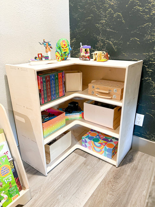 JARED - Toddler Corner Toy Shelf - Montessori Wooden Furniture - Nursery Gift - Corner Toy Storage