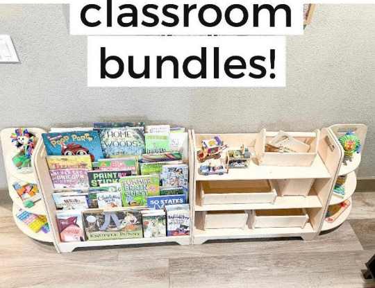 Custom Classroom bundle - (1) Large LUNA Toy Shelf – (1) Large TOMI Bookshelf - (1 set of 2) SHEA corner shelves *As pictured*