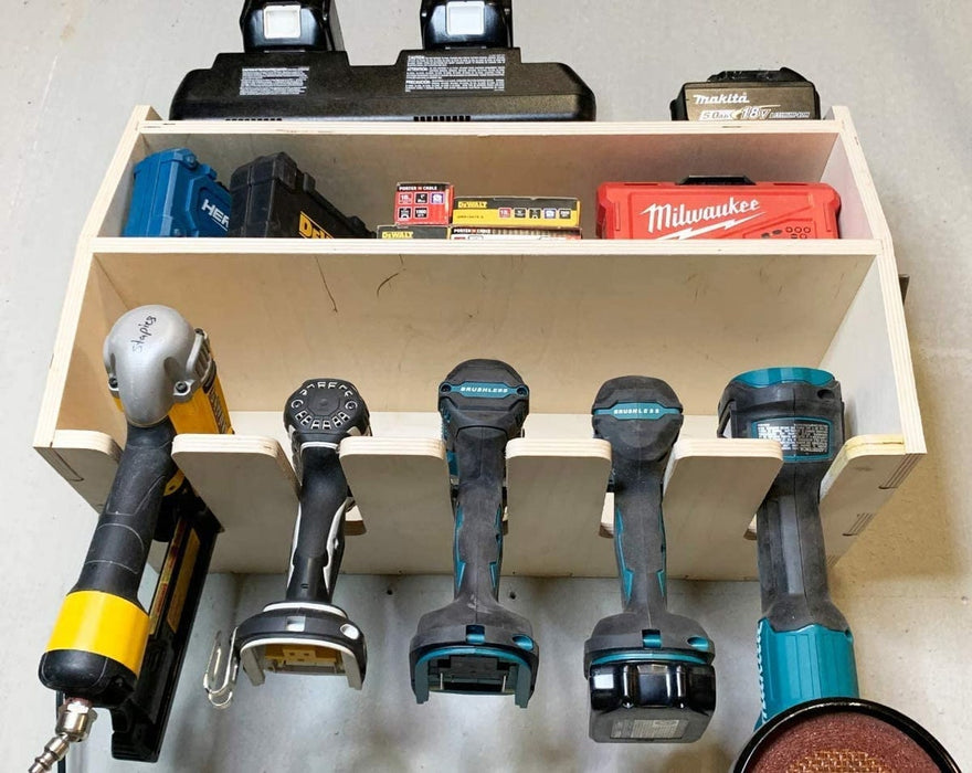 5 Slot Cordless Tool Holder | Cordless Drill Organizer | Fits 5 Power Tools + 18, 12v Batteries | Great Fathers Day Gift - Made In USA!