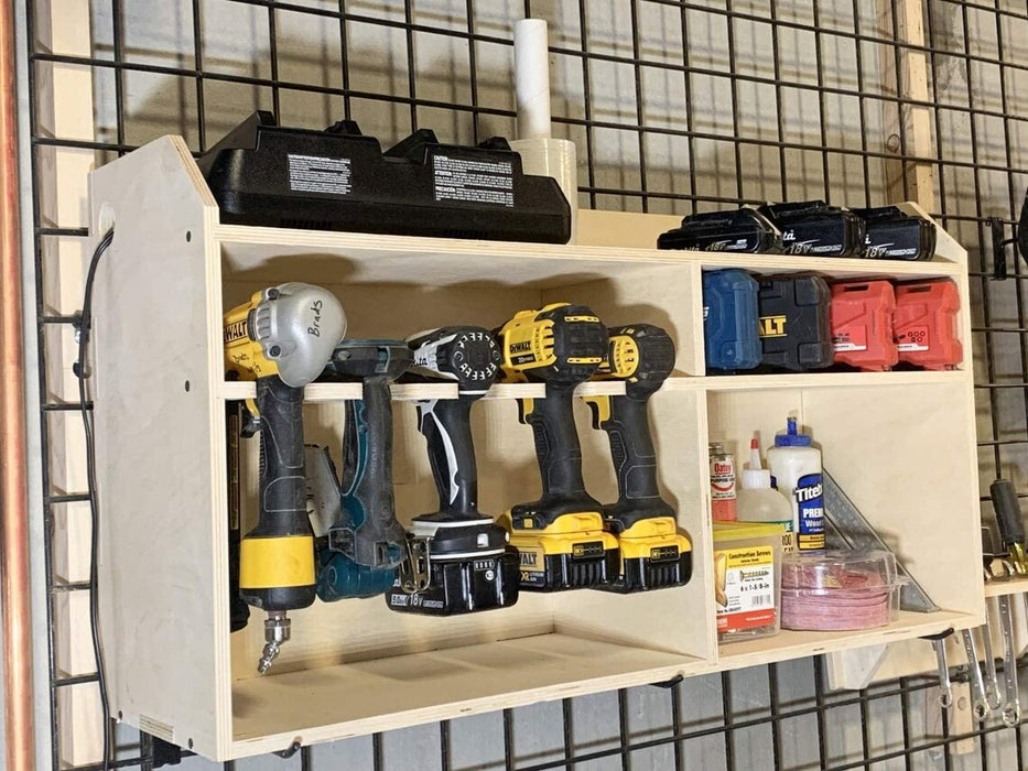 5 Slot Cordless Tool Holder + Shelves | Cordless Tool Organizer | Fits 5 Power Tools 18v/12v Batteries | Great Fathers Day Gift - USA Made!