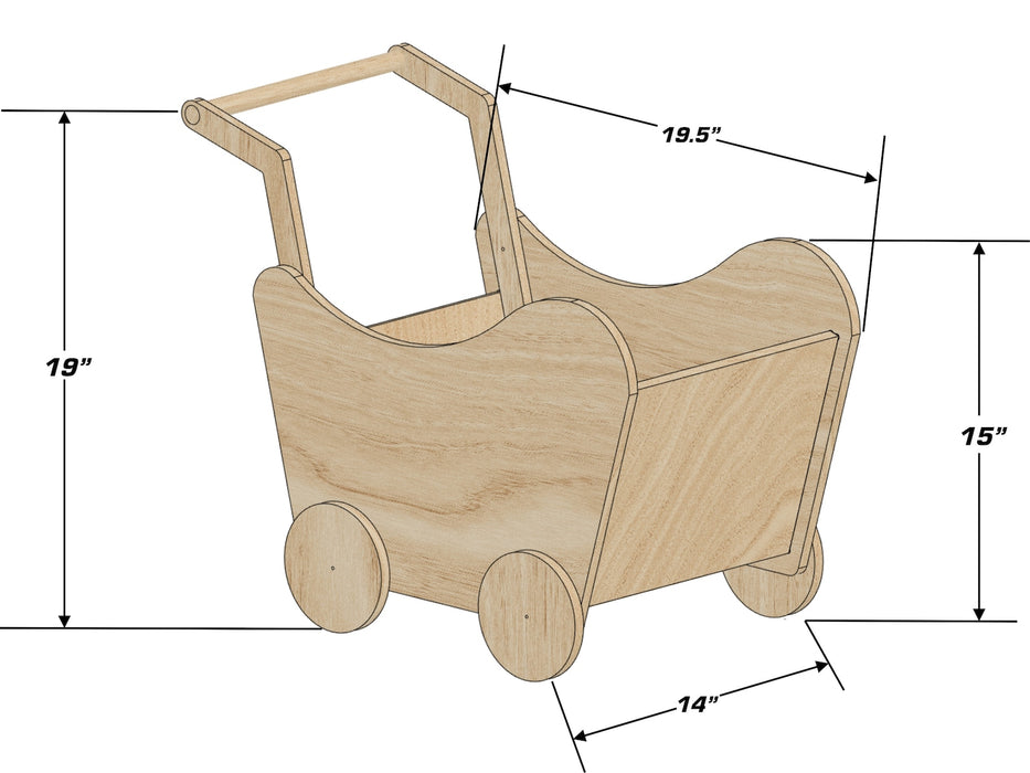 MADI - Toddler Pram - Handmade Wooden Walker & Doll Stroller